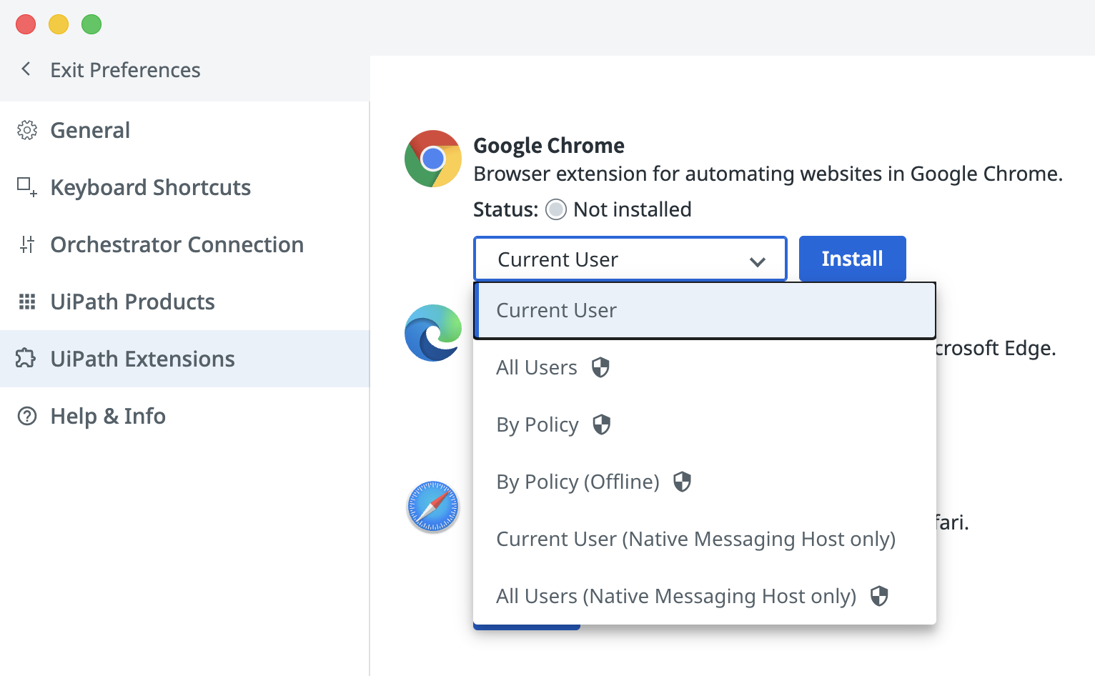 UiPath Assistant UiPath Extensions settings showing dropdown with install methods for Google Chrome