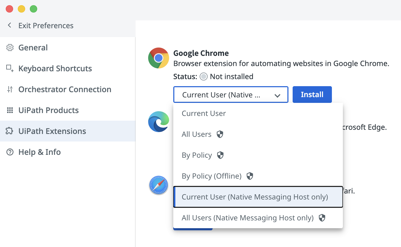 UiPath Assistant UiPath Extensions settings showing dropdown with install methods for Google Chrome