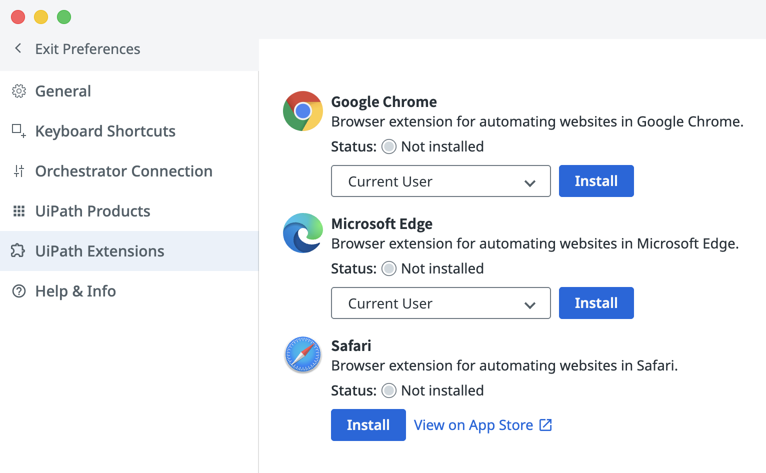 Configuración de las extensiones de UiPath Assistant que muestra la opción de extensión de Safari
