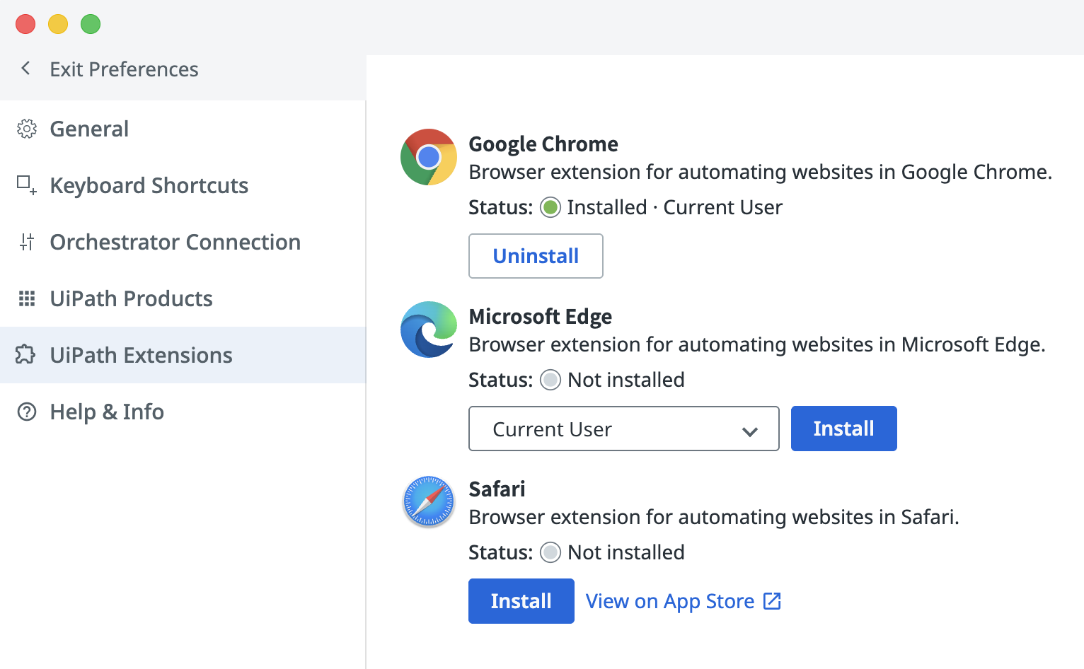 Configurações das extensões da UiPath no UiPath Assistant mostrando botão Desinstalar para Google Chrome