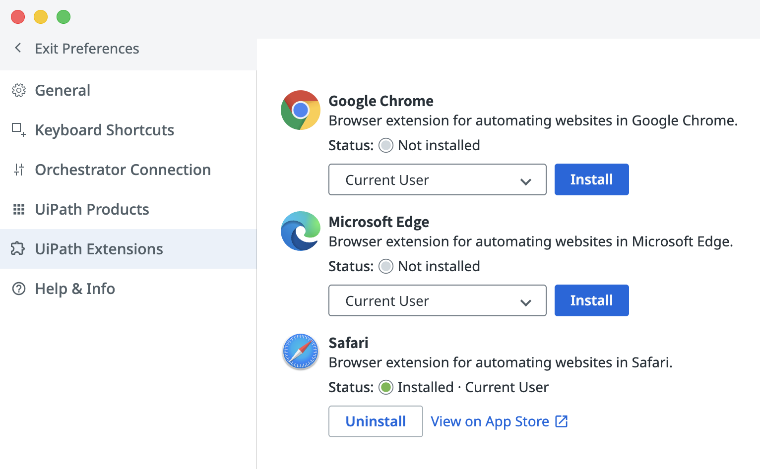 UiPath Assistant UiPath Extensions settings showing Safari extension uninstall button
