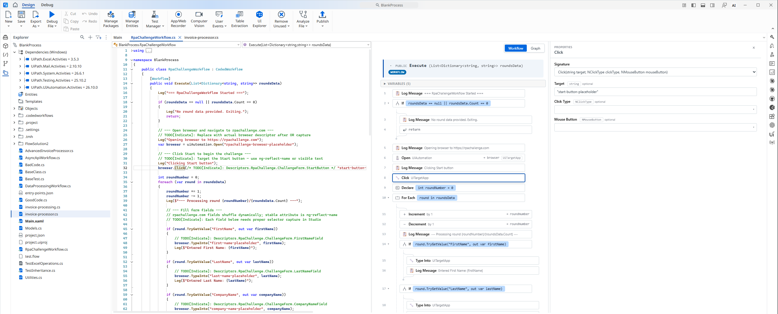 Coded workflow open in Studio with the Low-Code Viewer canvas and properties panel beside the code editor