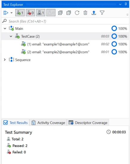 Taxa de cobertura completa de atividades no Test Explorer