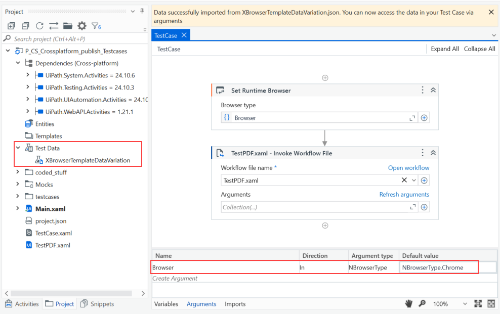 テスト データのバリエーション ファイルと Browser 引数を表示している XBrowser テスト テンプレートを使用するテスト ケース