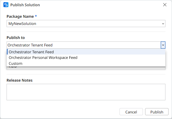 Publish Solution window with the Package Name field, the Publish to list open showing Orchestrator Tenant Feed, Orchestrator Personal Workspace Feed, and Custom, and the Release Notes field
