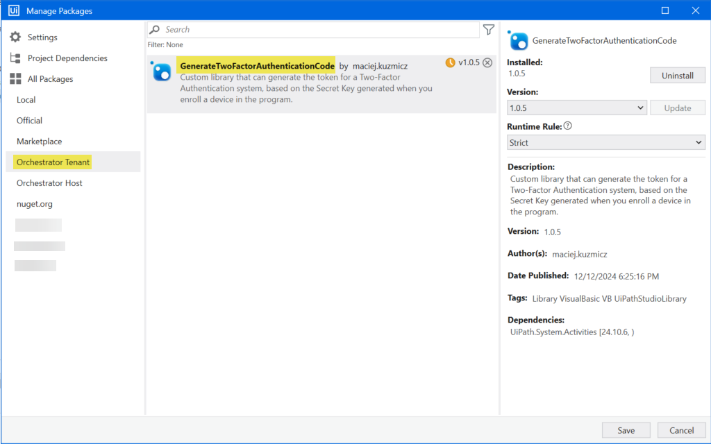 The custom library in the Manage Packages menu