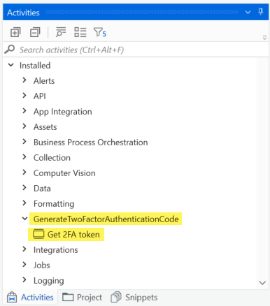 The GenerateTwoFactorAuthentication code sample in the Activities panel