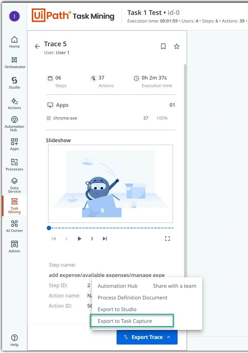 将追踪从 Task Mining 导出到 Task Capture