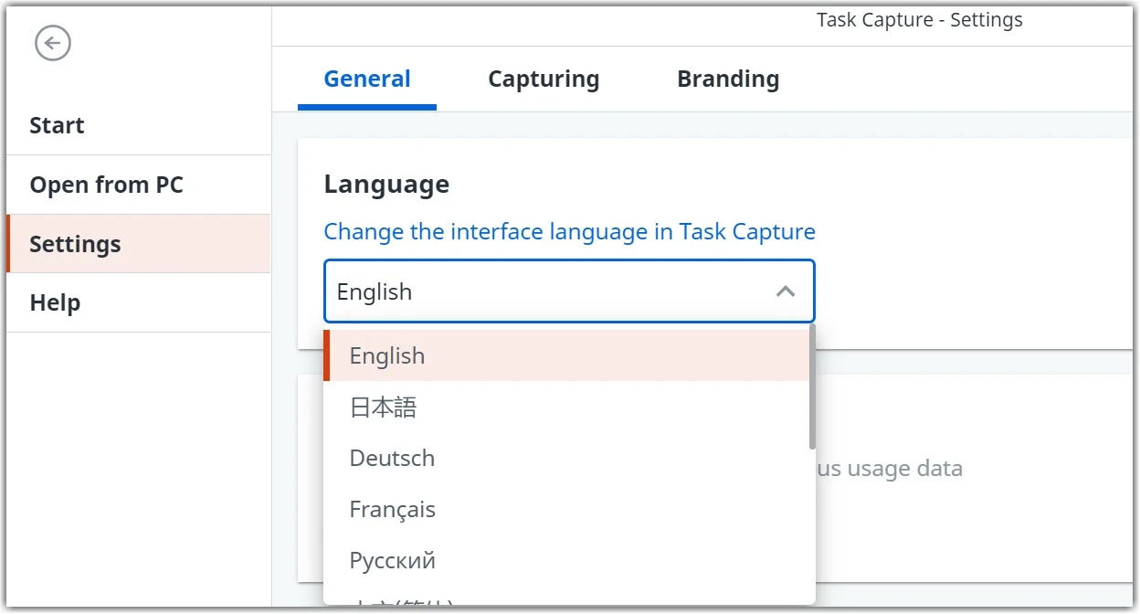 Settings menu