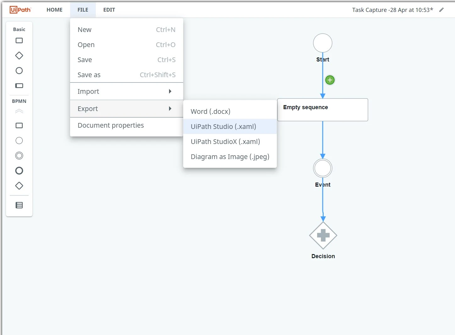 Exportar para o UiPath Studio (.xaml)
