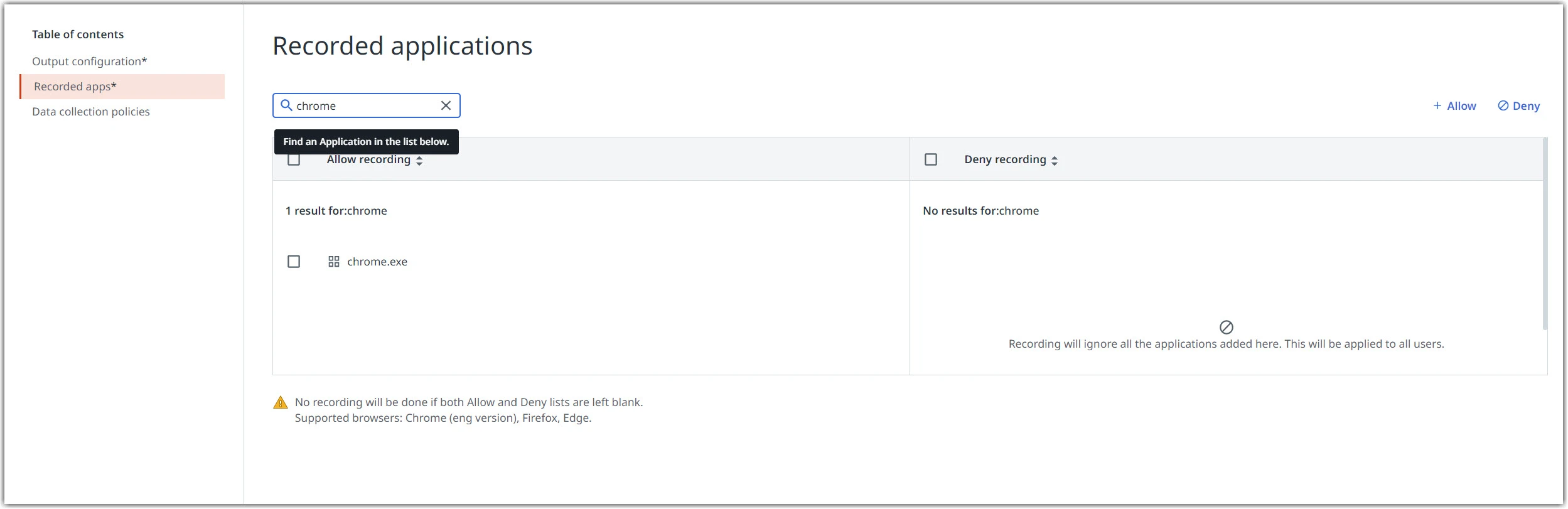 Ajout d'une application à la liste Autoriser l'enregistrement (Allow recording)