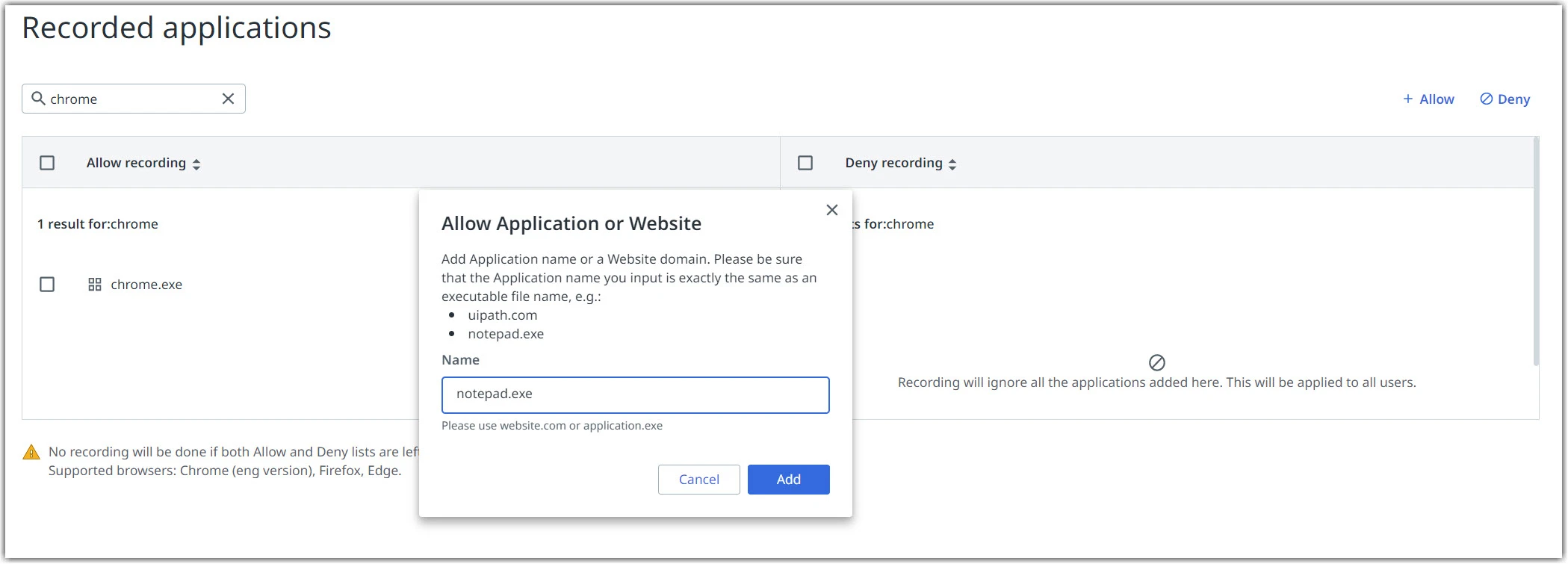 Ajout d'une application à la liste Autoriser l'enregistrement (Allow recording)