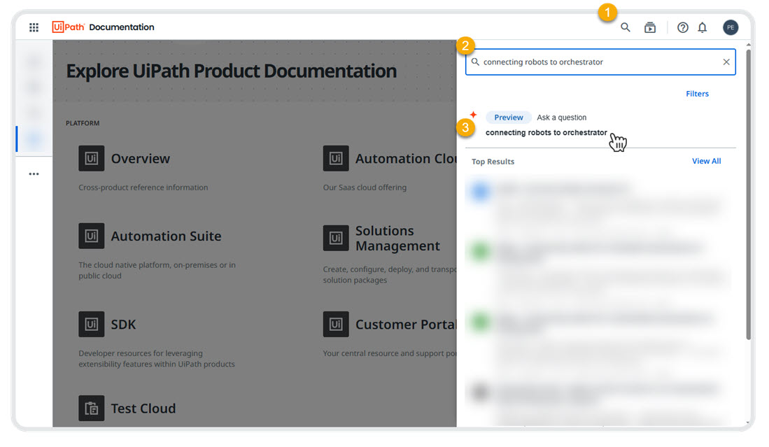 Pasos para utilizar la función de búsqueda de documentación generativa impulsada por IA en Automation Cloud. El paso 1 ilustra cómo hacer clic en el botón Buscar en la sección de documentación. El paso 2 muestra la introducción de una consulta, como "conectar robot a Orchestrator", en la barra de búsqueda. El paso 3 muestra cómo hacer clic en el botón Hacer una pregunta para generar una respuesta.