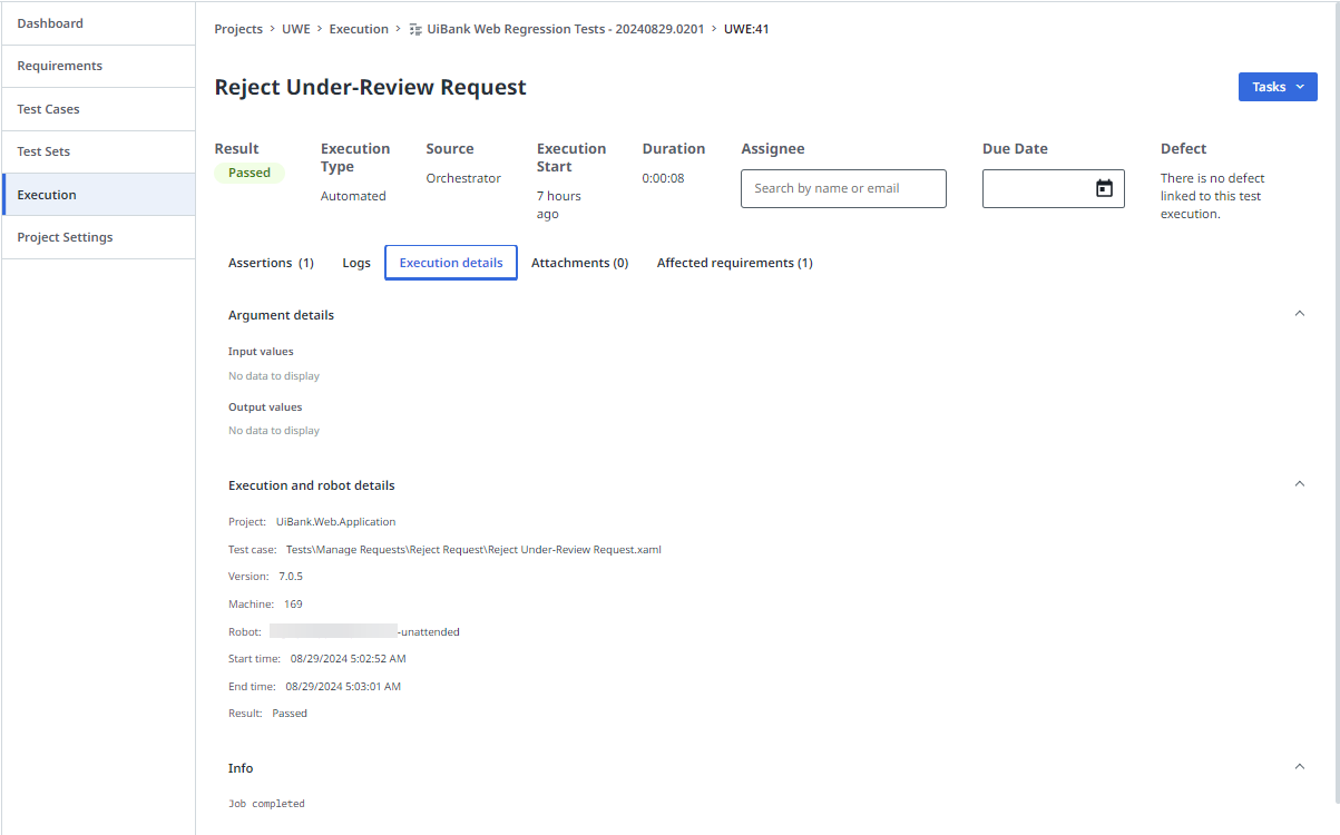 Overview of the execution details of a test case log