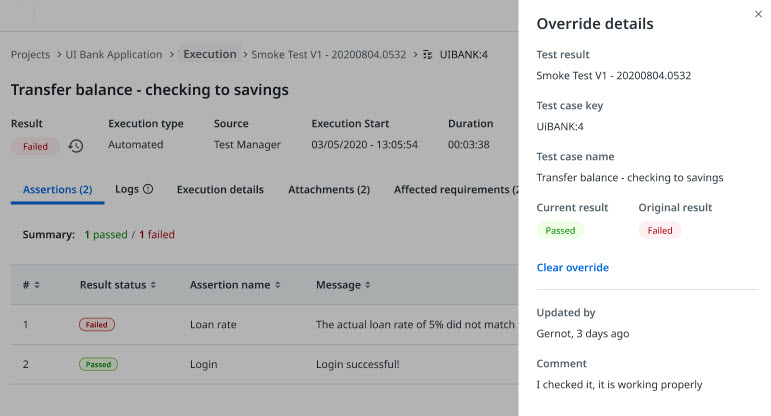 The Override details menu