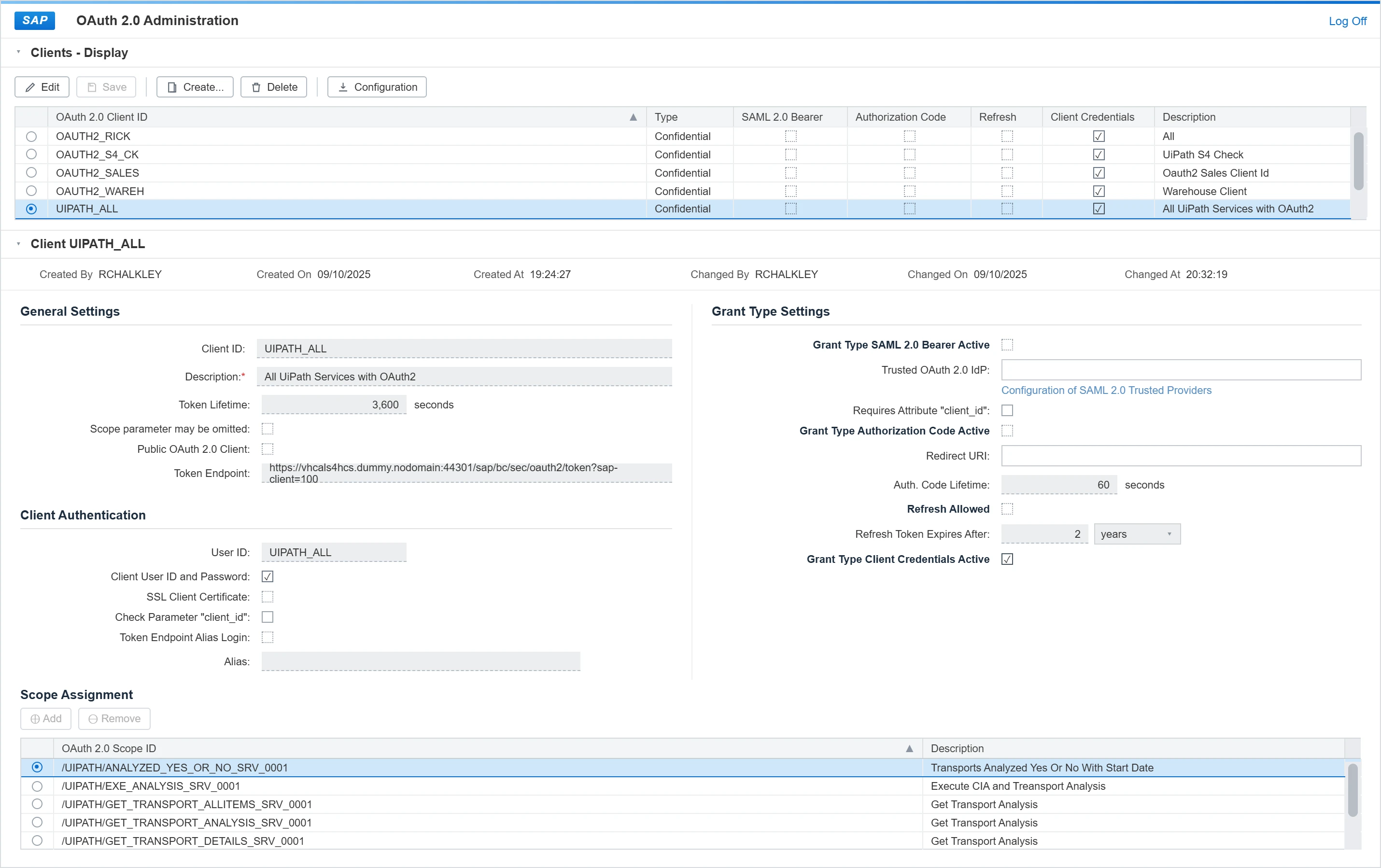 OAuth2 Client summary page