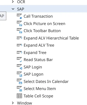 SAP activities category in the Studio Activities panel, listing Call Transaction, Click Picture on Screen, and other SAP-specific activities