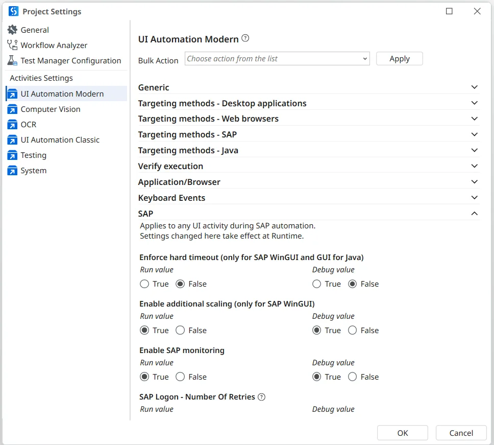 Enable SAP monitoring setting under Project Settings > UI Automation Modern > SAP