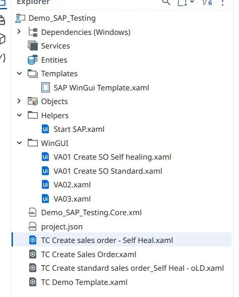 Studio project explorer showing the Templates, Helpers, and WinGUI folders alongside test case files in an SAP test automation project