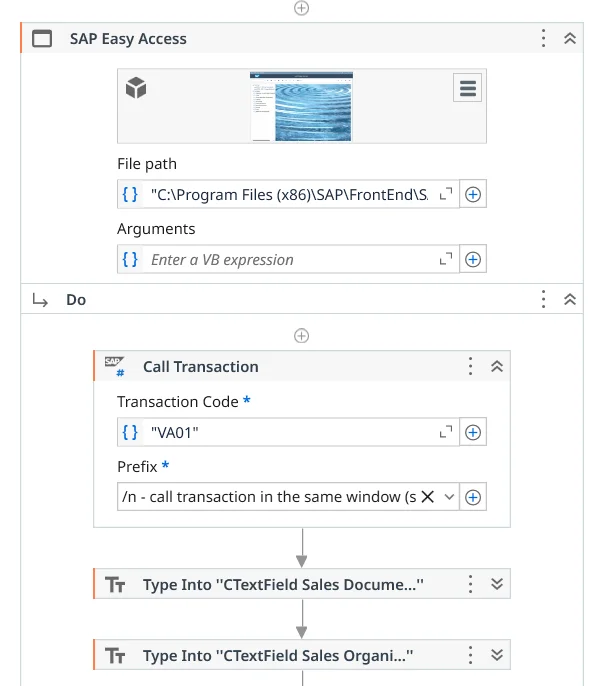 SAP Easy Access window followed by a Call Transaction activity opening transaction VA01