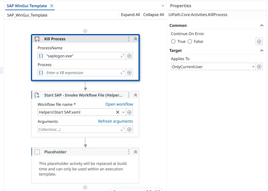 WinGUI execution template with a Kill Process activity targeting saplogon.exe followed by an Invoke Workflow File step that starts SAP