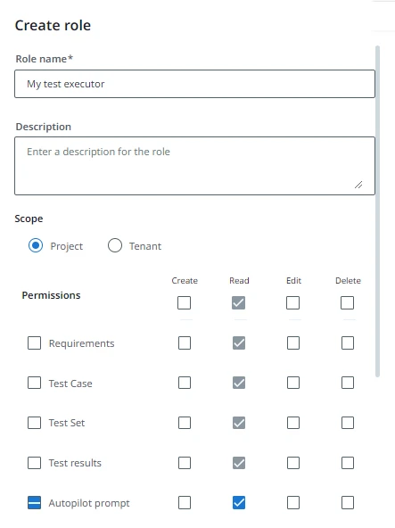 Create custom project role in Test Manager's settings