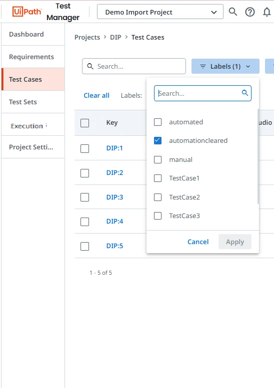 The Labels dropdown list displaying the automationcleared label