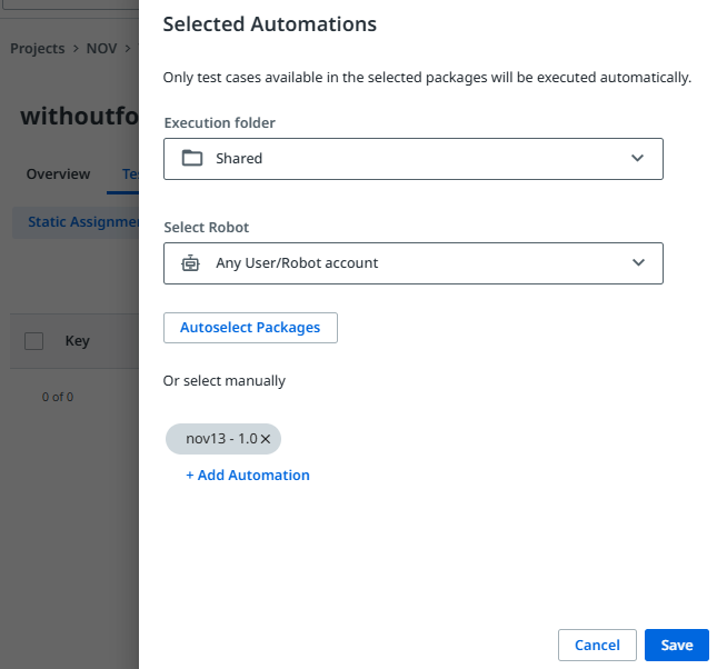 Display of Selected Automations menu illustrating the chosen execution folder and robot account, associated packages, and their respective versions for a specific test set