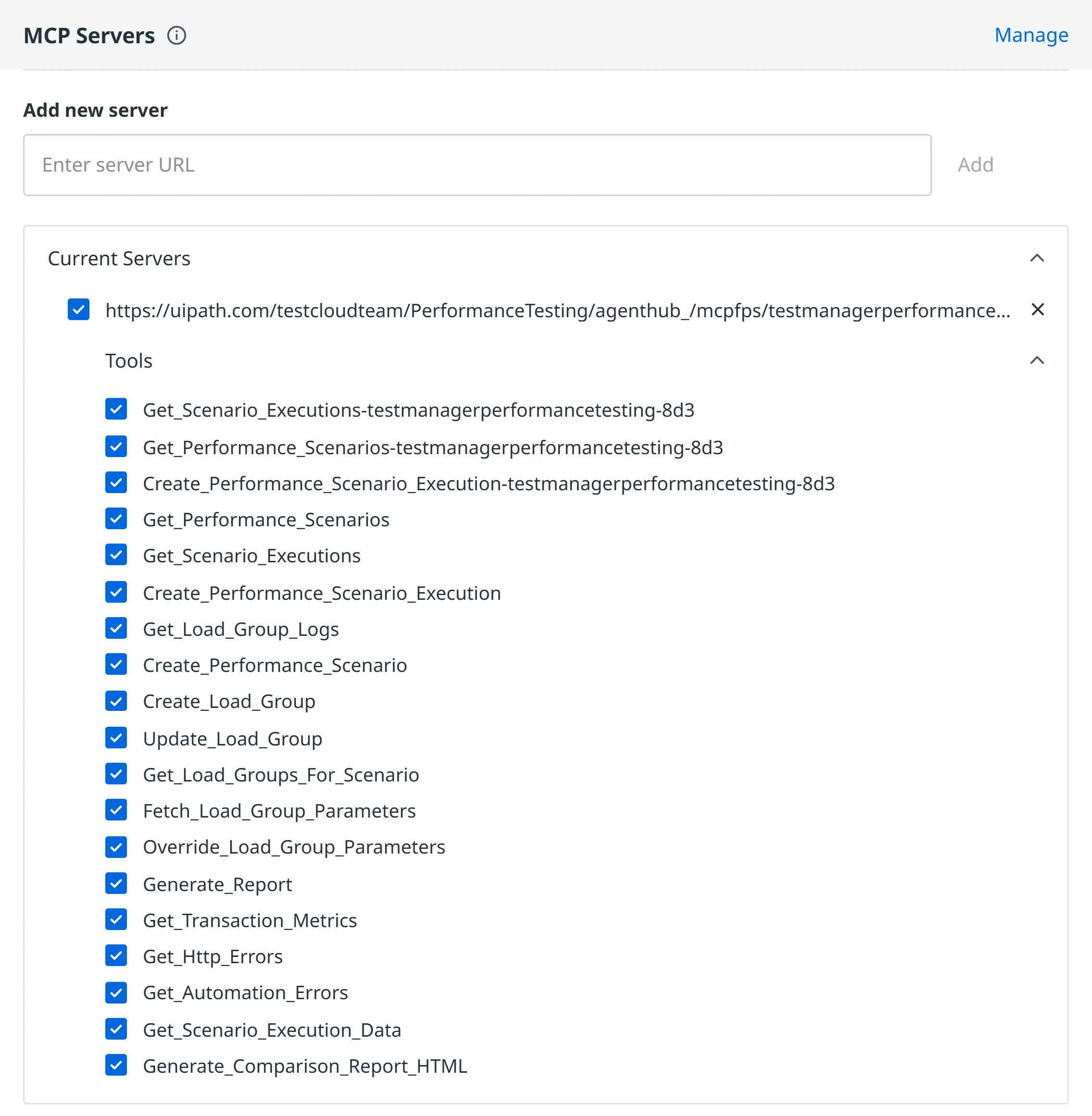 MCP Servers settings panel listing all Performance Testing MCP server tools