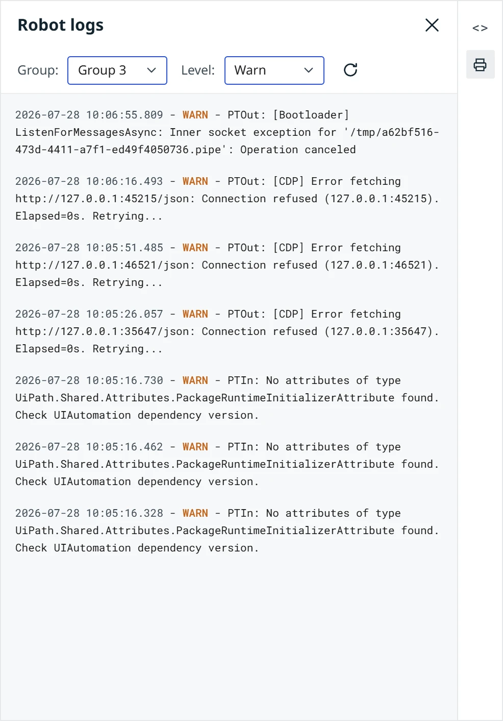 Robot logs panel filtered by load group and severity level