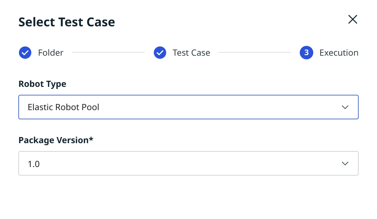 Robot Type dropdown with Elastic Robot Pool selected in the Select Test Case dialog