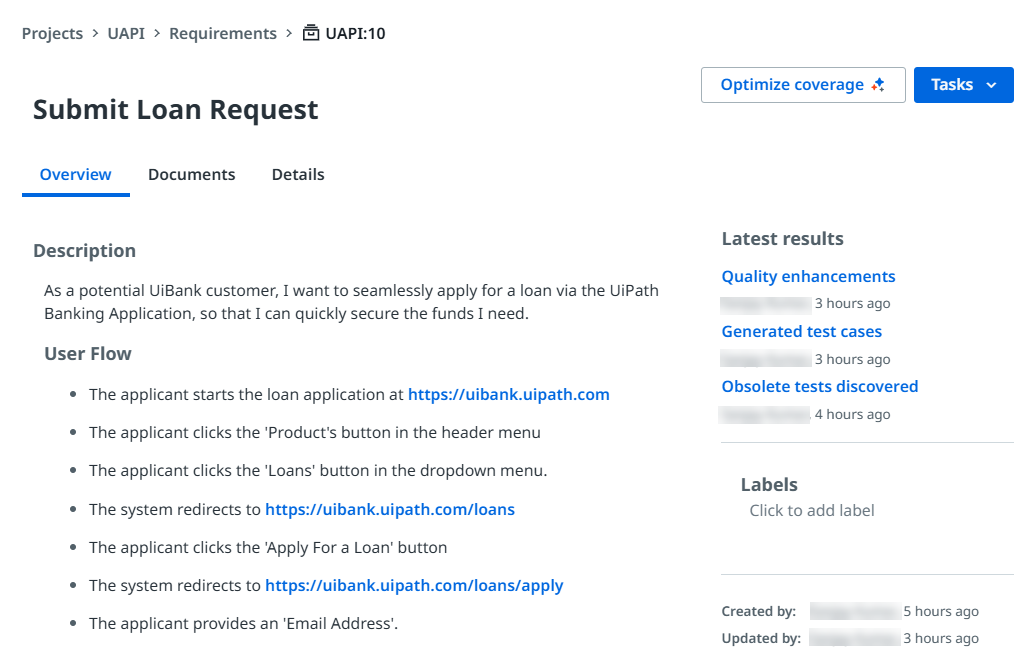 Os resultados mais recentes de um requisito, incluindo testes obsoletos