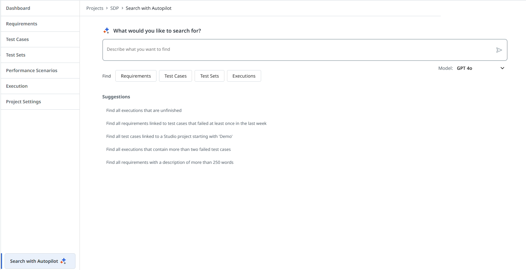 La section Rechercher avec Autopilot dans un projet Test Manager