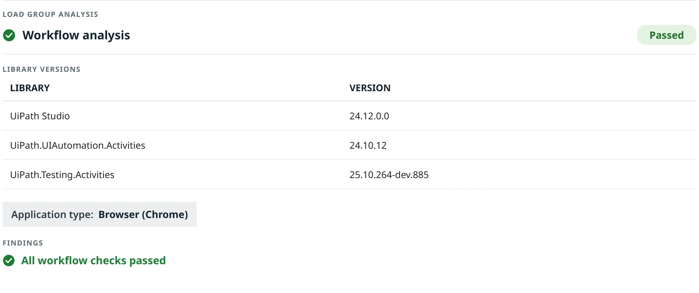 Workflow Analyzer result showing passed status and library version checks